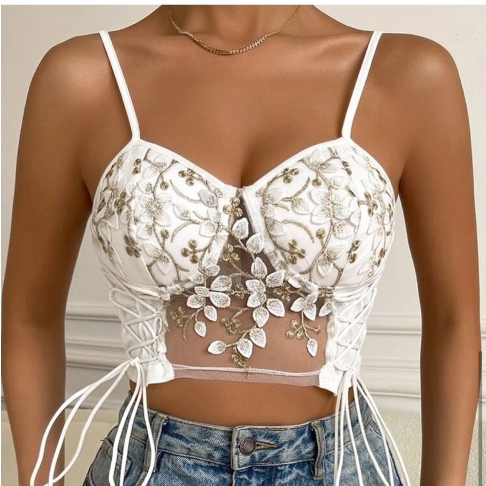 Floral Embroidered Chain Straps Bralette Corset Top